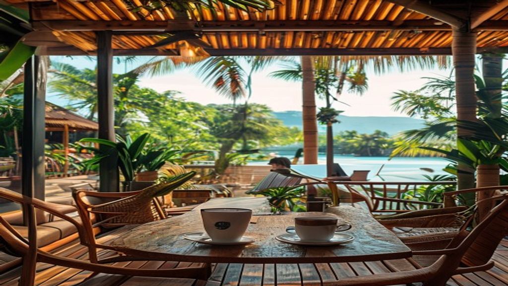 Expat couple enjoying morning coffee on a tropical villa terrace in Phu Quoc