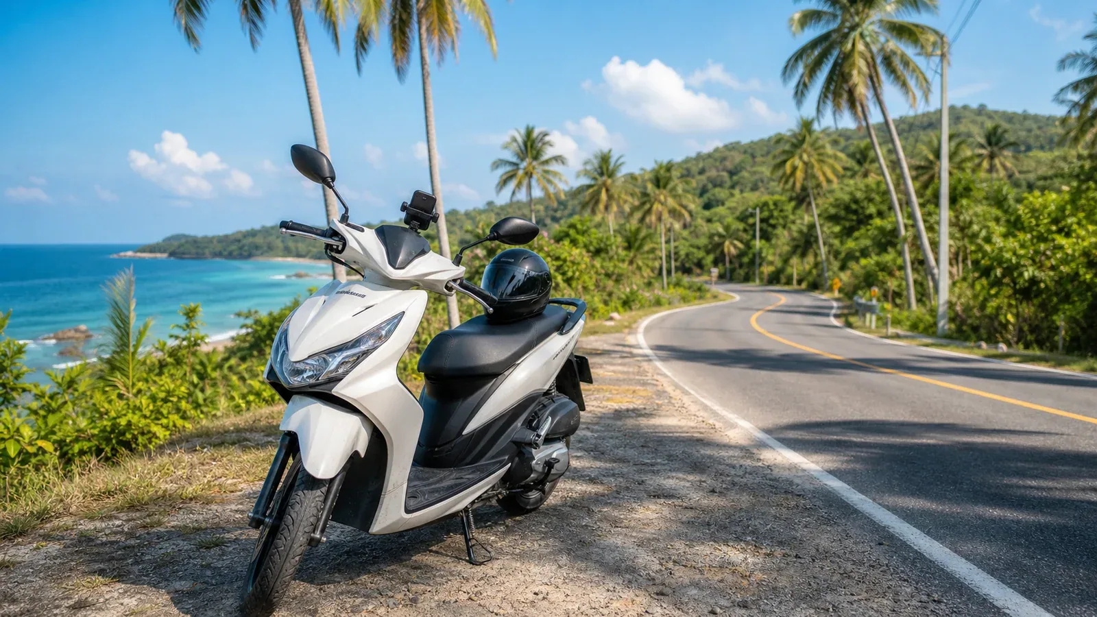 Tourist riding a scooter along a palm-lined coastal road in Phu Quoc with ocean views
