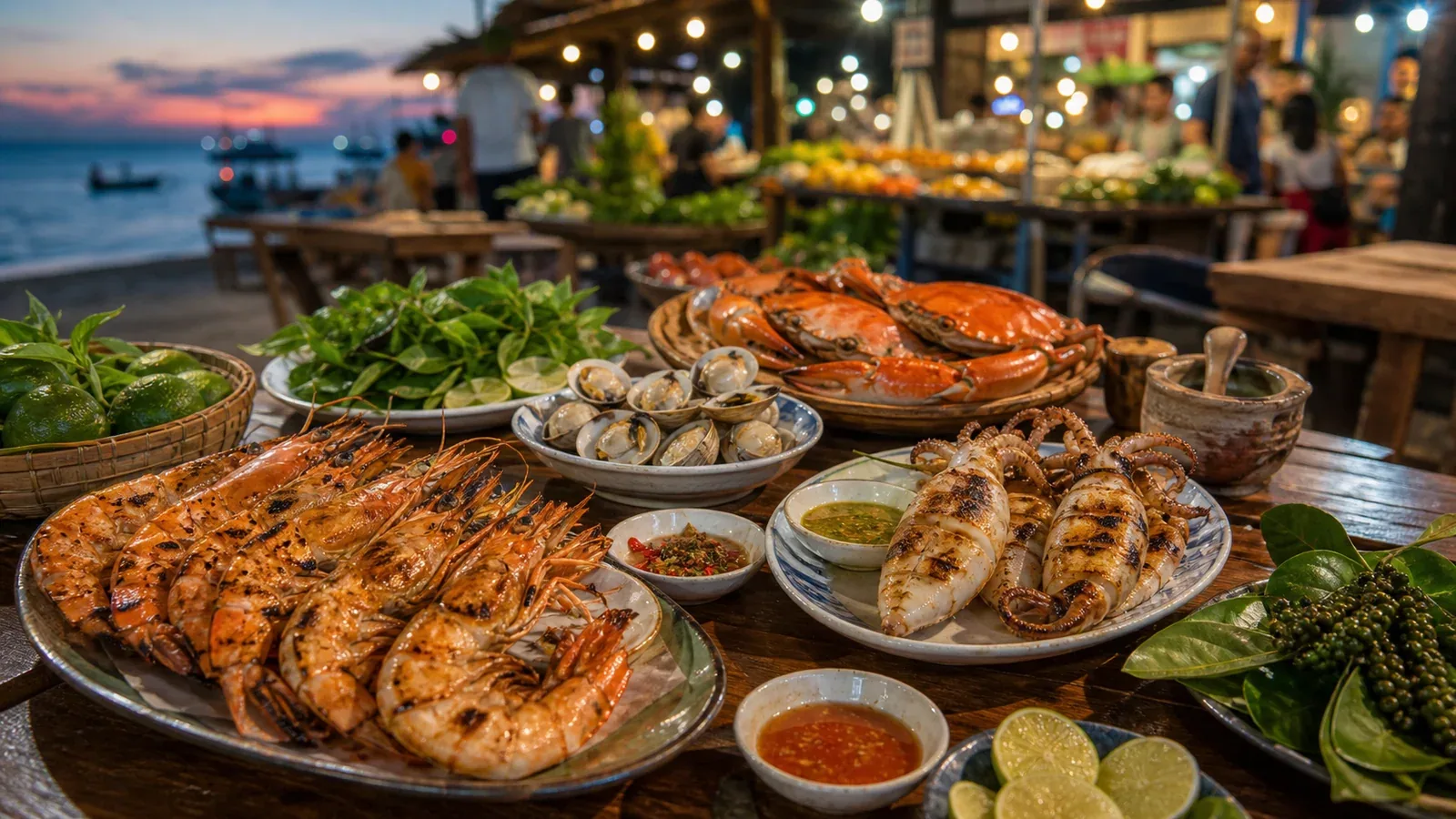 Fresh grilled seafood platter with tiger shrimp crab and squid at a Phu Quoc waterfront restaurant