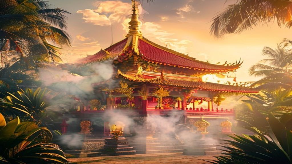 Ho Quoc Pagoda ornate entrance gate with golden dragon decorations overlooking the ocean on Phu Quoc east coast